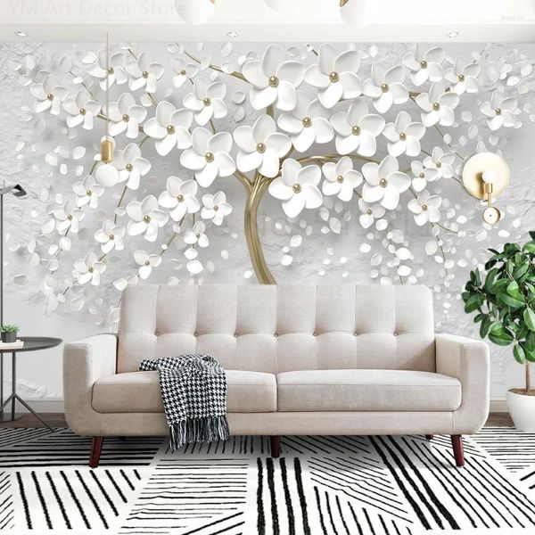 Fonds d'écran Fleurs blanches Papier peint d'arbre d'or pour la décoration de chambre à coucher Taille personnalisée Murale Plume Decal Autocollants non tissés Art moderne Accueil