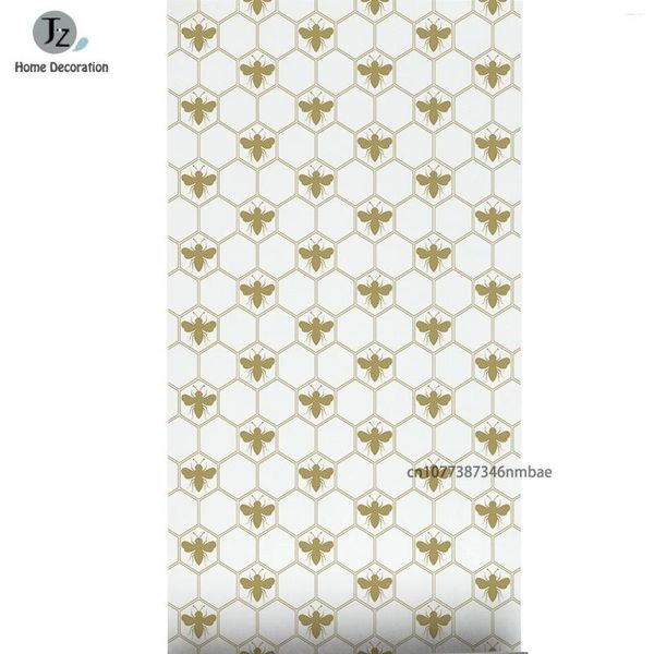 Fondos de pantalla Hexágono de oro blanco Autoadhesivo Papel tapiz geométrico Rayado Peel and Stick Papel de pared Rollo de revestimiento de cajón para el gabinete del hogar