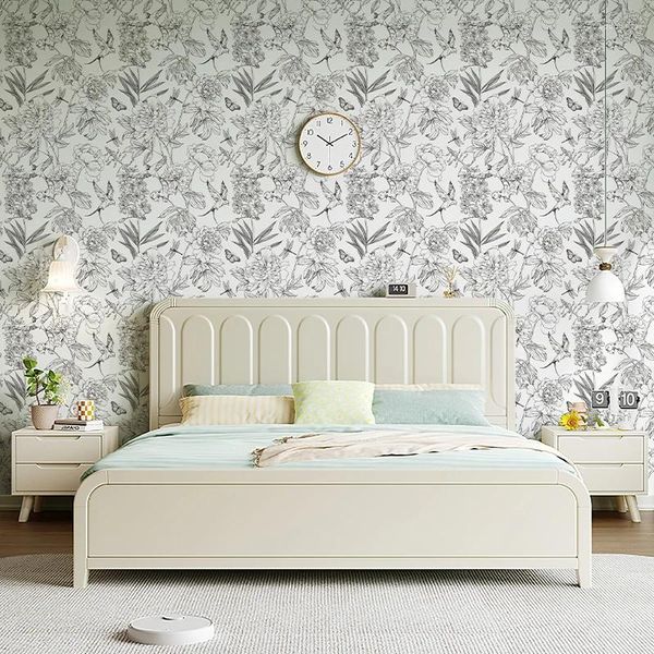 Fonds d'écran White Sketch Floal Fond d'écran Classic Peel and Stick Flower Fleur Meuble Mobilier Sticker Grey ImperproofP PVC PVC Decor