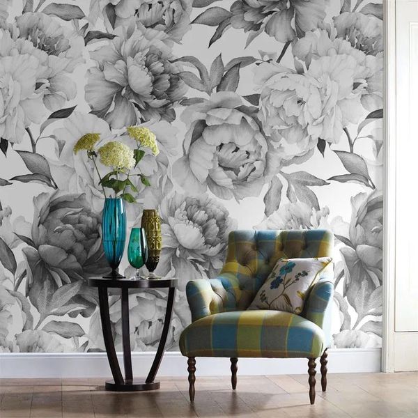 Fonds d'écran Wholesalegrey Noir et blanc Floral Custom 3D Papier mural mural sur le mur en gros pour le salon de bureau Room