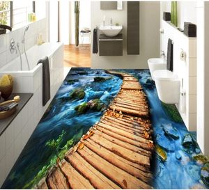 Wallpapers houten bord brugpad stenen rivier 3d vloer pvc sticker printen waterdichte behang muurschildering decoraties