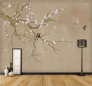 Fonds d'écran Xue su Papin d'écran personnalisé Mural Mural Fleurs de prune peintes à la main modernes et oiseaux Décoration murale Paint