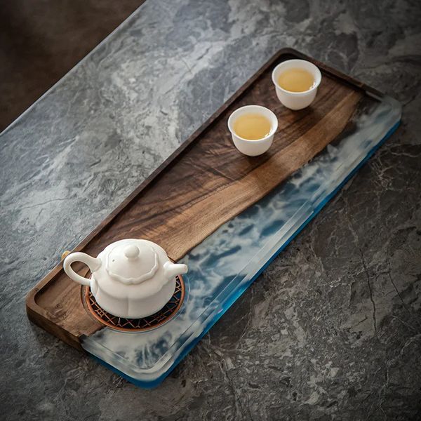 Bandeja de té de madera de nogal Highgrade epoxi resina Mesa retro para el hogar Snack de burbuja seca pequeña hecha a mano 240418