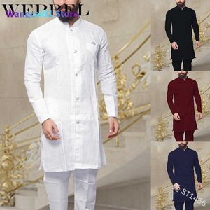 wangcai01 Camisas casuales para hombres WEPBEL Moda musulmana Túnicas de caftán para hombres Camisa larga vintage de lino con botones Ropa islámica Abaya para hombres Tallas grandes S ~ 5XL 0213H23