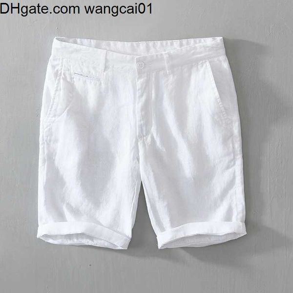 wangcai01 Shorts pour hommes Short en lin pur pour hommes 2021 été nouvelle mode solide blanc lâche vacances Shorts homme décontracté grande taille bouton mouche pantalon court 0314H23