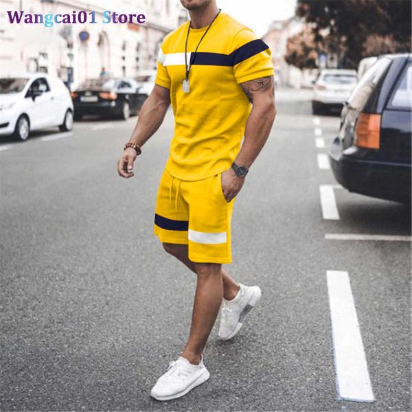 wangcai01 Chándales para hombres Conjunto de camiseta para hombre de moda Patrón de costura de color sólido Camisetas cortas estampadas Pantalones cortos Traje deportivo informal de gran tamaño Chándal 0318H23