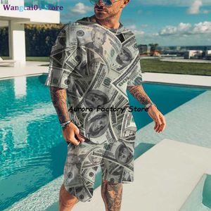 Wangcai01 Tracksuits Heren Summer Heren Tracksuit Poker Dollars T-shirt Shorts Set Casual Outfit Fashion Jogging Suits Outdoor Clothing MA Streetwear 0318H23