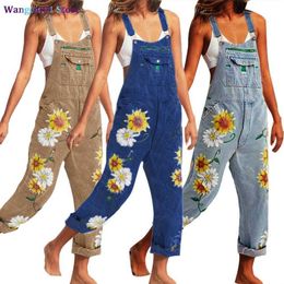 Wangcai01 Jumpsuits para mujeres Rompers 50% NUEVA LLEGA Mujeres Babero Casual Dungares de tunas de girasol Pockets de impresión Feads sueltos 0316H23