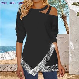 wangcai01 T-Shirt Femme 2022 Nouveau Automne Hiver Femme Sexy Hors Épaule Irrégulière Paillettes Longues Manches Haut Décontracté O-Cou Couleur Unie Pull T-shirts 0321H23