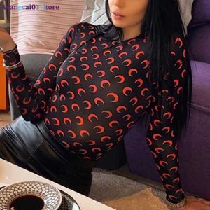 wangcai01 dames t-shirt 2023 lente damesontwerper maan print t shirt dame round nek long seves ijs zijden top vrouwen ondergoed kleding uit één stuk 0318H23