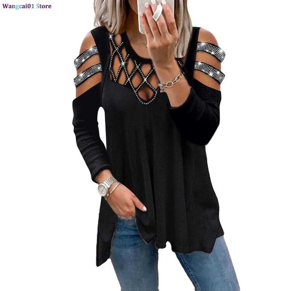 wangcai01 T-Shirt Femme Automne Hiver Femme Sexy Mode Col V Couleur Unie Hors Épaule T-shirt Évider Hot Drill Casual Lâche Long Seve Nouveau Top 0321H23