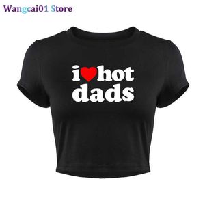 wangcai01 T-Shirt Femme J'aime les papas chauds drôle tter imprimé femmes Crop hauts Harajuku court Seve T-shirt recadré haut été mode femmes vêtements 0321H23