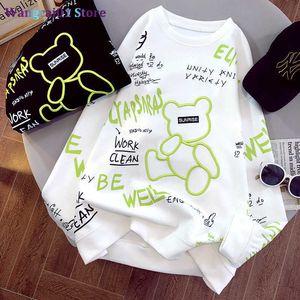 wangcai01 T-Shirt Femme Sweat-Shirts Minces Femmes Automne O-cou Pulls Ample Filles coréennes Mignon Ours broderie surdimensionné Blanc Noir Bas Sweats à Capuche 0318H23