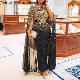 wangcai01long seve Robes de soirée sirène Arabe Aso Ebi Bordeaux Luxueux Cristaux Perlés Sheer Neck Prom Formal Party Deuxième Réception Robes