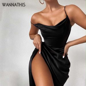 Wannathis jurk vrouwen zomer satijn feestjurk zwarte v-hals Hight Side Split Sexy Mini Dress Dames Ruched Skinny Elegante Jurken Y0603