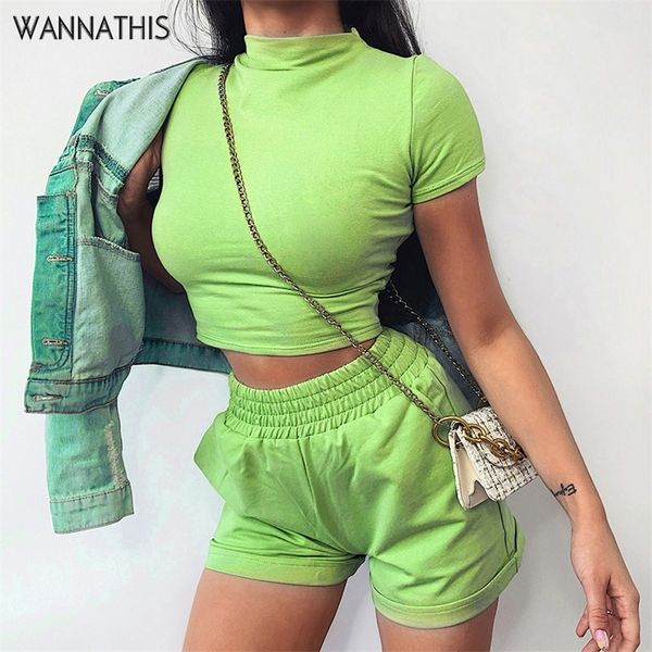 Wannathis Neon Green Mujeres 2 piezas Conjuntos Tee y pantalones cortos Slim Elástico Alto Cintura Mini Shorts Moda Verano Streetwear Conjuntos 210302