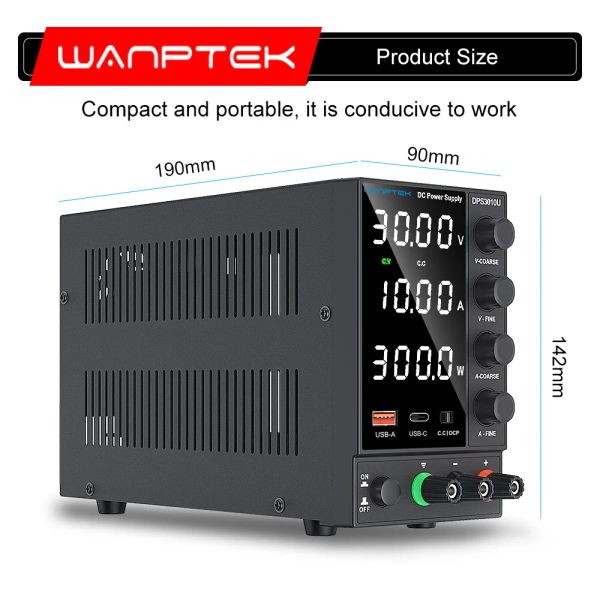 Fuente de alimentación de CC ajustable de WANTEK 30V 10A USB C Laborador de voltaje estabilizado Regulador Fuente de alimentación 120V 3A 60V5A 110V 220V