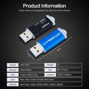 Wansenda D301 USB 3.0 Drive Flash 32GB Metal Pen Drive 16GB 64GB 128GB 256 GB Pendrive Capacidad real Memoria Stick U Disk