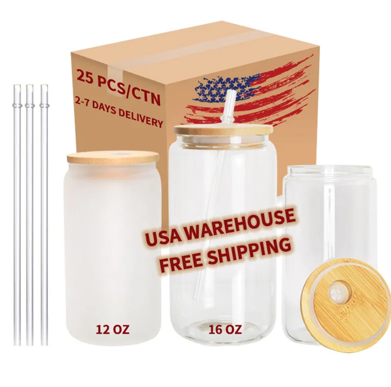 Armazém EUA 16 onças canecas de cerveja de vidro de sublimação com tampas de bambu e copos de palha DIY latas em branco transferência de calor cauda copos de café gelado