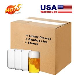 Almacén US/CA 16oz Libbey puede taza de vidrio con tapa de bambú y pajitas de copas de cerveza personalizadas para leche helada es 0516