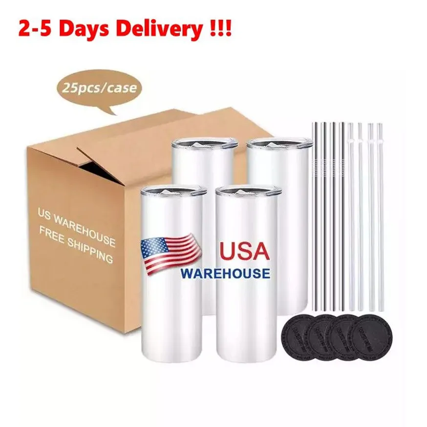 Warehouse US Sublimation Blanks Mugs 20oz Stainless Steel Straight Tumblers Blank White Tumbler with Lids and Straw Heat Transfer Cups