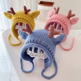 Warme baby winter hoed schattig eland gewei peuter kinderen oorbeveiliging dop vaste kleur dikker breien baby beanie hoeden