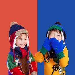 Ensemble chapeau chaud pour enfants, écharpe, gants, Protection des oreilles, casquette chaude, pour garçons et filles, doux, coupe-vent, en velours épais, automne et hiver