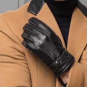 Warm Classic Design Lederen Handschoenen Hoge Kwaliteit Mannen Korte Zwarte Gym Luvas Auto Rijden voor Winter Fluwelen Mittens