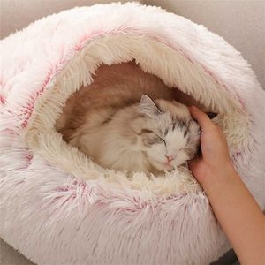 Warm Dog Cat Bed Round Long Plush Cat's House Cave Pet Kitten Cushion Basket Sleepping Mat for Cats Small Chihuahua Nest 211111