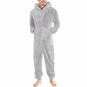 Warme Fleece LoungeWear Jumpsuit met Capuchon Pyjama voor Mannen 1Onesie Lounge Wear Effen Kleur Gezellig en Comfortabel Zwart t8zc #