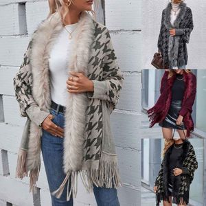 Warm bont kraag sjaals gebreide randtrui poncho's elegante batwing mouw long vest mode mode houdstooth mantel