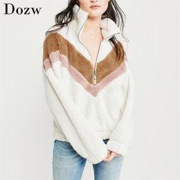 Warme hoodies voor vrouwen herfst winter patchwork rits lange mouw fleece pullover casual losse teddy sweatshirts Sudaderas mujer 210515