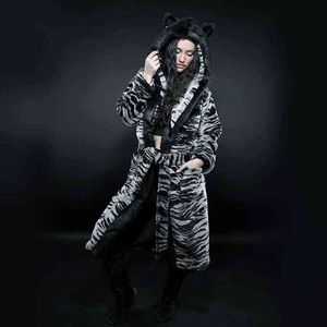 Warme imitatie bontjas tijger patroon vrouwen hoodie cartoon pluche met oren lam wol 211207
