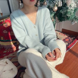 Cárdigan de punto cálido, suéter de mujer, moda coreana, azul con cuello en V, ropa de mujer, abrigo suelto informal rosa suave, Otoño Invierno 2023