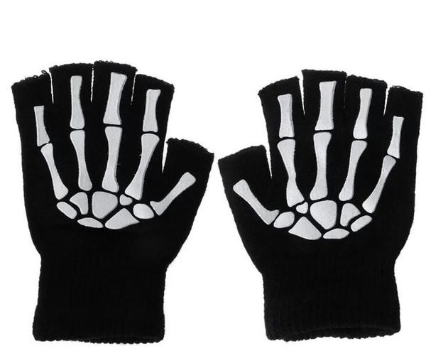 Gants à tricoter chauds pour adulte solide acrylique demi-doigt gant tête de squelette humain pince impression cyclisme gants de poignet antidérapants GC729