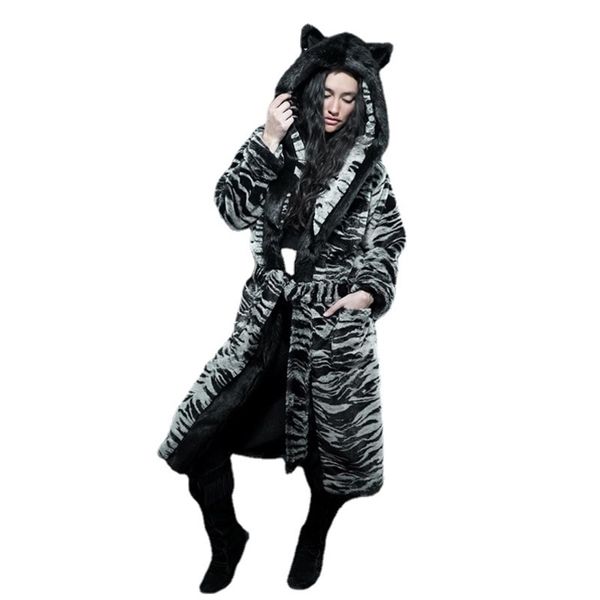 Manteau chaud en laine d'agneau pour femme, tigre noir, capuche, dessin animé, peluche avec oreilles, imitation fourrure, 211207