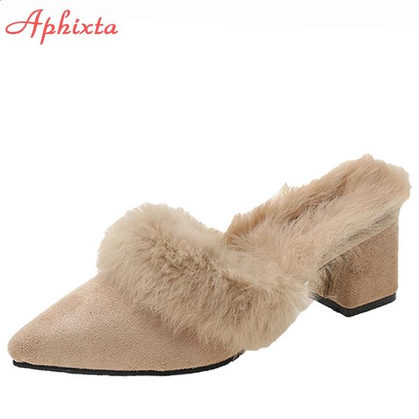 Slippers de lapin chaud aphixta cheveux femmes chaussures hiver pointues orteils réels talons carrés de fourrure Lady Mujer glisses intérieures 231219 5