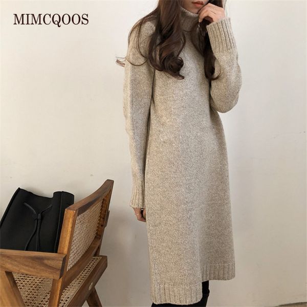 Túnica cálida invierno Beige suéter de cuello alto vestido de mujer liso Casual vestidos largos de punto otoño ropa de mujer moda coreana 210203