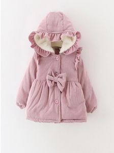 Warme Winter Baby Meisjes Zuigelingen Kinderen Sneeuwkleding Ruches Capuchon Strik Prinses Fluwelen Dikker Jasje Parka's Outwear3950957