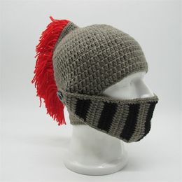 Warm Winter Handmade Funny Hats Original Red Tassel Roman Knight Helmet Mask Beanies Cosplay Caps Men's Women's Gag Party Gifts