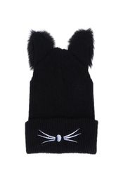 Chapeau d'hiver chaud pour les femmes mignons pour chats chapeau Skullies Chapeaux Pompom Caps Bonnet Femme Femme en laine noire Trime tressée