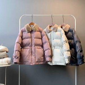 Veste d'hiver chaude femmes mode col de fourrure vers le bas manteau de coton coréen couleur unie lâche grande taille femme en stock 210607