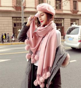 Chaud hiver laine cachemire Pom écharpe rose épais avec boule de fourrure de lapin Pashmina grande étole dame Wrap châle couverture surdimensionnée 2012243331650