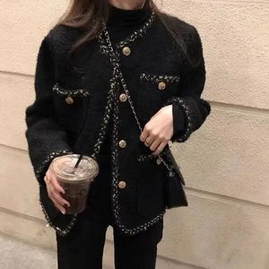 Chaqueta de tweed de lana cálida abrigos mujeres estilo coreano estilo negros chaquetas de manga larga bolsillos de mujer