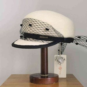 Cálido gorro de invierno de lana Fiesta de la iglesia Velo negro Malla Mujeres Sombreros Fedora Vendedor de periódicos Cabbie Beret Tweed Girls Paperboy Cap Ajustable J220722