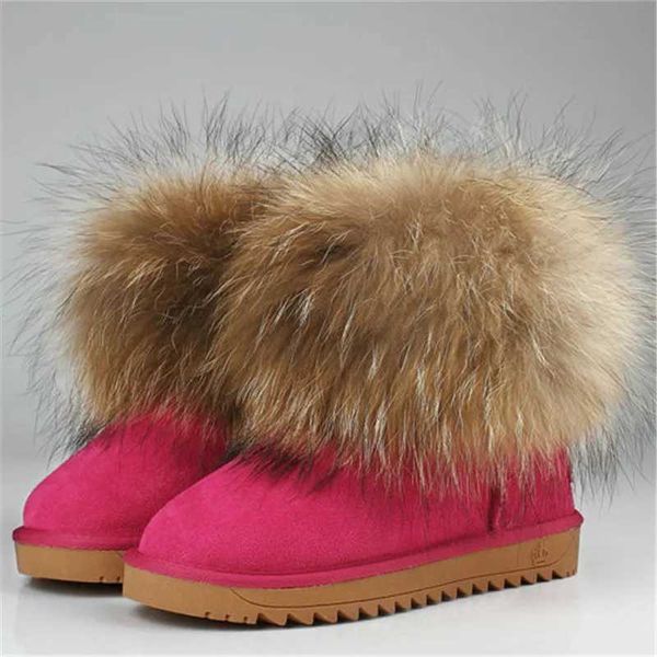 Moda más cálida 100% cuero de vaca + botas de piel de mapache botas de nieve para mujer botas de nieve de piel de zorro de invierno