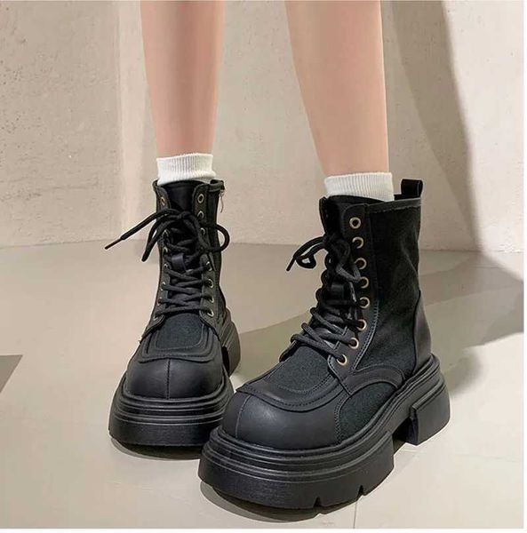 Botas de tobillo más cálidas para invierno, zapatos de mujer a la moda con cordones, zapatos de fondo grueso, botines de motocicleta de estilo callejero para mujer