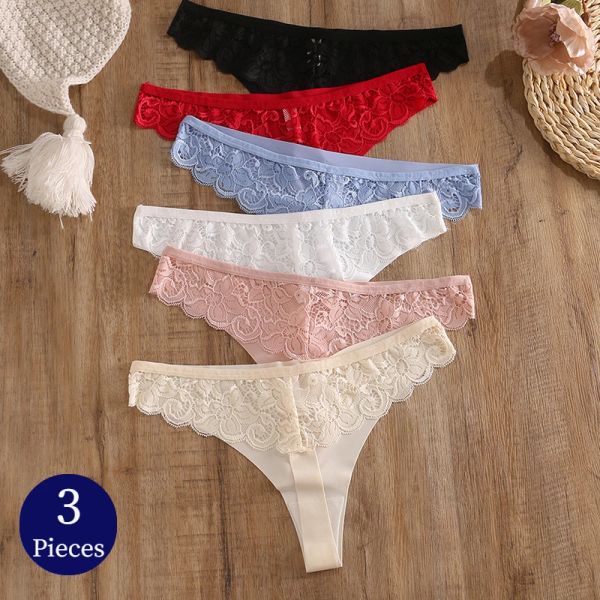 Warmsteps 3pcs / Set Femme's Panties Sexy Lace Underwear Hollow Out Thongs Lingerie Sweet Flowers G-string