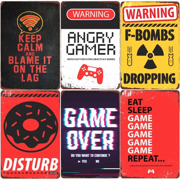 Avertissement en colère Gamer Fashion conçu Vintage Tin Sign Gaming Repeat Affiche Club Home Boys Chambre Decor Eat Sleep Game Stickers Wall Stickers Plaque Taille 30x20cm