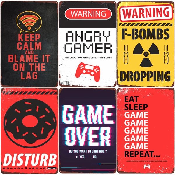 Advertencia Angry Gamer Pintura Cartel de chapa Juego Repetir Póster Club Hogar Dormitorio Comer Juego de dormir Pegatinas de pared divertidas Placa Habitación de niños Decoración de arte Signos Regalo para niños